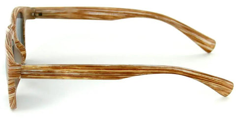 Side view of Top Tier Faux Wood Bifocal Reading Sunglasses With Plus 1.50 Power and full sun blocking spring hinge frames.