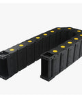 Heavy Duty 1000mm Cable Drag Chain With End Connector Tough As Nails Wear Resistant Transmission Wire Harness Protector For Robots And Machinery Dual Row Smooth Travel System, black design with yellow caps.