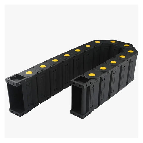 Heavy Duty 1000mm Cable Drag Chain With End Connector Tough As Nails Wear Resistant Transmission Wire Harness Protector For Robots And Machinery Dual Row Smooth Travel System, black design with yellow caps.