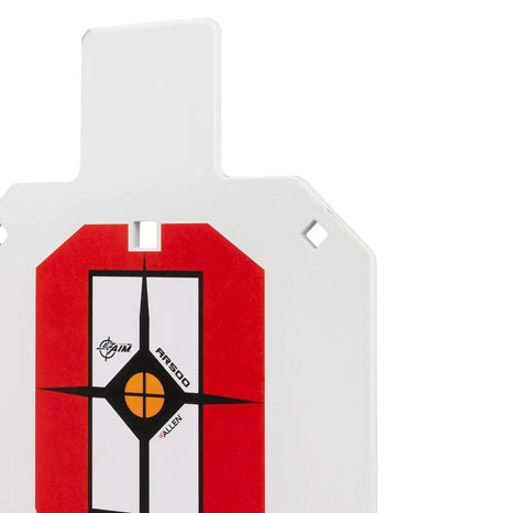IPSC Silhouette Target On AR500 Steel For Rimfire And Centerfire Pistols 9 Inch Wide By 14.875 Inch High White Red Black