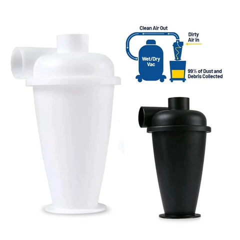 Power Up Your Vacuum With This Cyclone Filter For Industrial And Home Use, Dust Separator With Black B Adapters shown in white and black