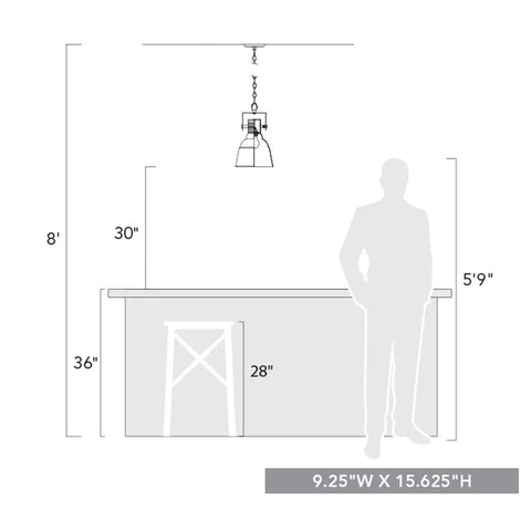 Quarry 1 Light Pendant In Antique Black Iron With Gold Accents for industrial farmhouse kitchens, size specifications image.