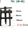 Two Jaw Twin Leg Gear Puller Bearing Removal Tool Kit With Screw Lock And Adjustable Arms For 17-38mm Bearings, Easy Safe Bearing Extraction For Mechanics And DIYers showing dimensions