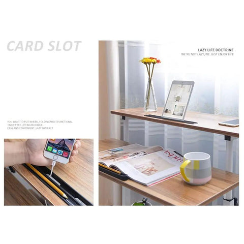 Hella Convenient Height Adjustable Overbed Table And Smooth Rolling Mobile Laptop Desk With Rock Solid Frame Sit To Stand Cart For Sofa Or Bed Side Ergonomic Computer Workstation For Home Office with card slot and decorative items.