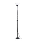 1 Light Torchiere Floor Lamp In Black With A Sleek Stick Design, 70 Inches Tall, Metal Base And Frosted Shade. Perfect For Bedroom