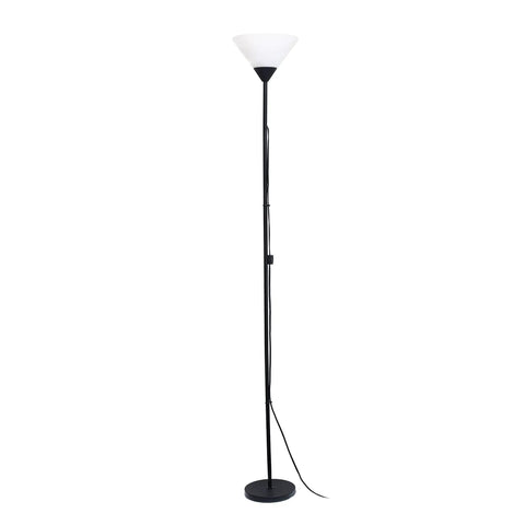1 Light Torchiere Floor Lamp In Black With A Sleek Stick Design, 70 Inches Tall, Metal Base And Frosted Shade. Perfect For Bedroom
