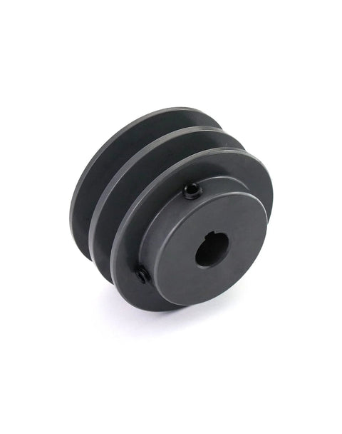 Angled front view of QWORK 2AK3058 double-groove cast-iron pulley; 3.05 in OD, 5/8 in bore.
