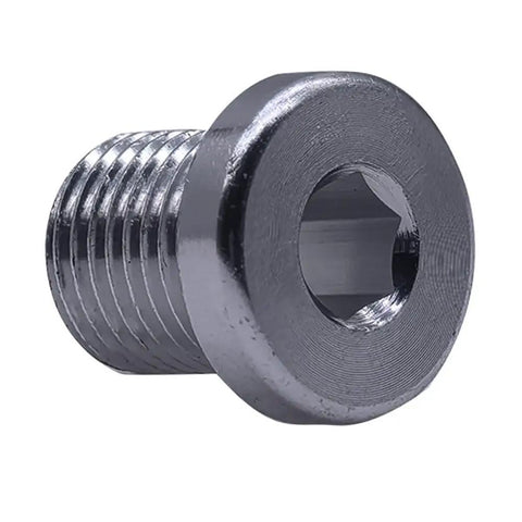 Close-up of silver 4 Pack M10 x P1.0 Rear Derailleur Hanger Bolt, aluminum alloy, 13.8mm length, 5mm hex socket, bike frame repair