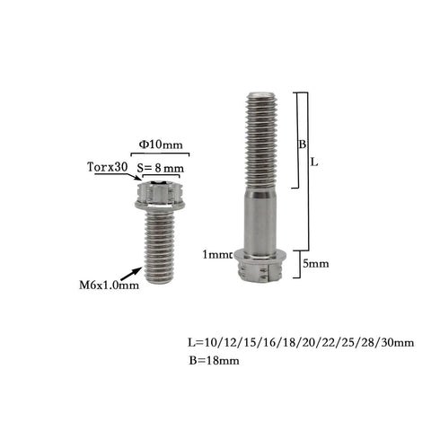 Titanium Motorcycle Bolts Set M6x1.0 Torx Hex Head Titanium Flange Bolts Dual Drive Lightweight Yet Ultra Strong Rustproof Heat Resistant Deformation Resistant Pack Of 5 shown with dimensions.