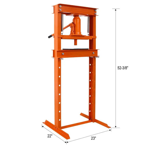 Heavy Duty 12 Ton Hydraulic Shop Press With Portable H Frame in bright orange, 52-3/8" tall, adjustable for bearing installations.