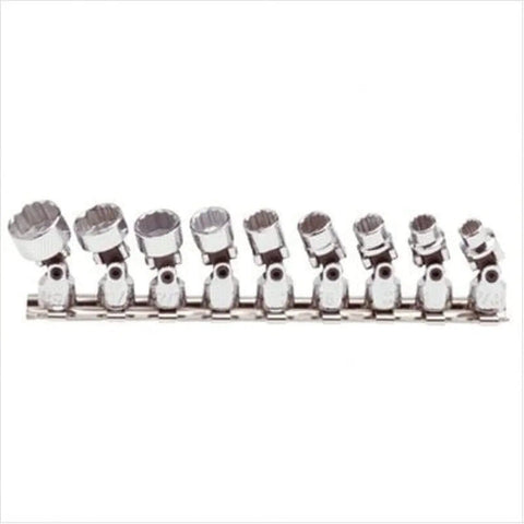 Nine piece One Quarter Inch Drive Universal Socket Set with twelve point sockets displayed in a row on a metal rail.
