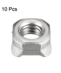 M8 Square Weld Nuts Featuring UNC Coarse Thread And Heavy Duty Carbon Steel Construction For Rugged Metal Fabrication and Furniture Assembly in a Solid Pack of Ten, single nut close-up