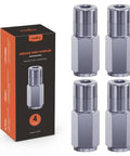 4 Pack Universal Grease Gun Couplers For 1/8 Inch NPT Threads With 4 Jaw Locking Fittings, chrome finish, next to packaging box