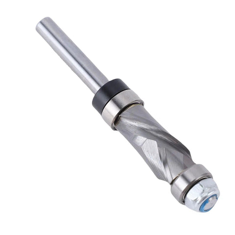 Heavy Duty Double Bearing Spiral Flush Trim Router Bit With 1/4 Inch Shank And Premium Tungsten Carbide Cutter shown at an angle.