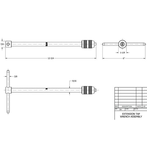 Technical drawing of Beefy T Handle Tap Wrench For Holding Taps Drills Reamers And Small Tools Quarter To Half Inch Capacity Thirteen Inch