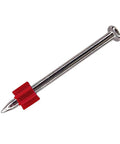 Pro Grade Three Inch Powder Actuated Fasteners With.300 Head Diameter Drive Pins Compatible With Concrete Nailer Tools Pack Of 100 Smooth Shank Plated Steel Pins, showing a single steel drive pin with a red tip.