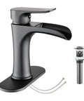 Image of Matte Black Waterfall Bathroom Faucet with Pop Up Drain, Single Handle Deck Mount Vanity Tap for One Hole or Three Holes.