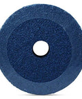 Front view of blue zirconia resin fiber sanding disc, 4.5 in, 36 grit