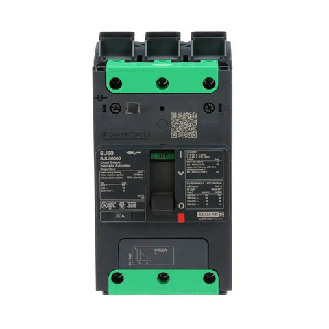 Built Tough 60 Amp Three Pole Circuit Breaker With Thermal Magnetic Trip Unit and Din Rail Or Back Pan Mount side view with labels.