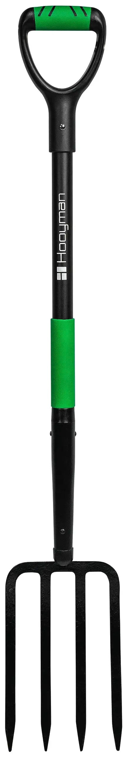 Rugged Heavy Duty Digging Fork With Carbon Steel Head And Fiberglass Core, short handle, no-slip H-Grip for gardening tasks.