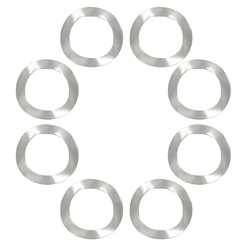 50 Pack Straight Up Premium 304 Stainless Steel Wave Washers in a circular arrangement, perfect for securing loose bolts.