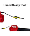 Image showing Three Pack Universal Cord Clamp Extension Cord Safety Connector Cover And Outdoor Cord Holder For A No Fuss Pro Grade Safe Tool Plug To Cord Connection Fits Most Cord Sizes Indoor And Outdoor Use, attached to a red leaf blower.