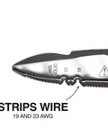 Close-up of Electrician Scissors For Pros 6.75 Inch Heavy Duty Snips With Serrated Blades, showing 19 and 23 AWG wire stripping notch.