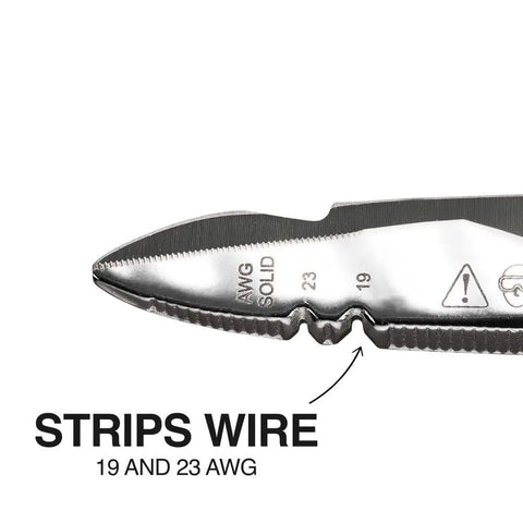 Close-up of Electrician Scissors For Pros 6.75 Inch Heavy Duty Snips With Serrated Blades, showing 19 and 23 AWG wire stripping notch.