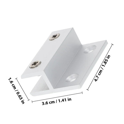 Heavy Duty Aluminum Alloy Glass Shelf Brackets Set With Beefy Carrying Capacity And Easy Install, showing measurements and silver finish.