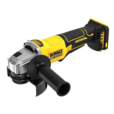 Rock Solid 20V Max Brushless Cordless Angle Grinder With 4 Inch Guard showing front view with paddle switch and grinding disc.
