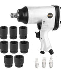3/4 Inch Air Impact Wrench 13 Piece Kit High Torque Pneumatic Gun 610 Nm Heavy Duty Auto Tool with black sockets and connectors.