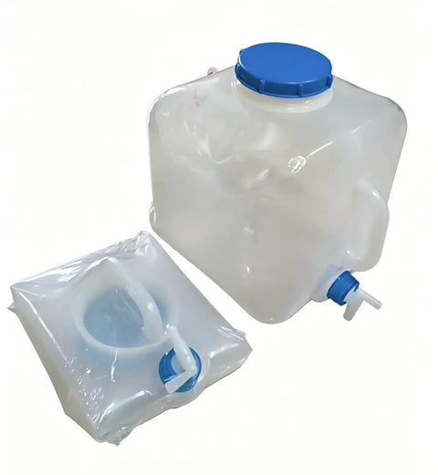 Two Pack 20L Collapsible Water Jugs With Wide Mouth Lids, space-saving foldable design, 5.28 gallons each, clear with blue lids.