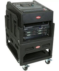 Mighty Gig Rig With 14U Top Rack And 6U Front Rack Built In Pedestal And Optional Rear Rack Rails For Deep Mixers on wheels