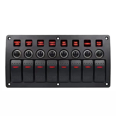 Front view of 8 Gang Switch Panel 12V 24V Waterproof On Off Rocker LED Panel Switch With Breakers For Boat Marine Car Blue Light Durable