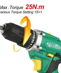 Rock Solid 12V Cordless Drill Set With Keyless Chuck And Two Speed Gearbox showing torque settings on drill chuck.