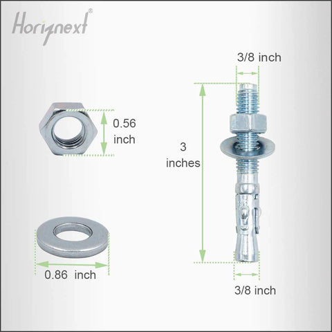 Three Eighths Inch By Three Inch Wedge Anchor For Concrete And Cement Only Zinc Plated Carbon Steel Heavy Duty Expansion Bolt Kit Pack Of 30 For Secure Indoor And Outdoor Mounting Of Shelves Machinery And Fixtures In Solid Concrete, showing dimensions and components