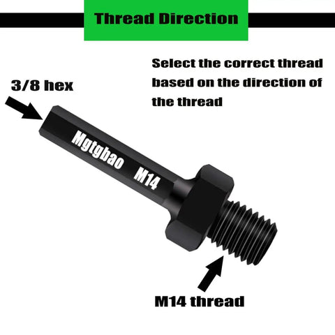 Core Drill Bit Adapter M14 Female To Three Eighths Hex Shank For Hammer Drills And Rotary Hammers, showing 3/8 hex end and M14 thread.