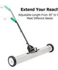 Heavy Duty 24 Inch Rolling Magnetic Pickup Sweeper With Adjustable Handle To Snag Nails Screws Needles And Garage Scrap Quick Easy Sweep For Concrete Driveway Yard Or Carpet Floors Cleanup, showing the adjustable handle from 30 to 46 inches.