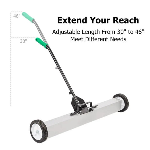 Heavy Duty 24 Inch Rolling Magnetic Pickup Sweeper With Adjustable Handle To Snag Nails Screws Needles And Garage Scrap Quick Easy Sweep For Concrete Driveway Yard Or Carpet Floors Cleanup, showing the adjustable handle from 30 to 46 inches.