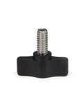 Four Piece Pack Of One Quarter Twenty By Half Inch Thumb Screws With Slick Black Aluminum Knobs And Rust Proof Stainless Steel Coarse Threads Built For Easy Install Top Shelf Quality Hella Tough Shop Hardware For Any Fastening Job You Throw At It Today, showing a black aluminum knob thumb screw with stainless steel thread.