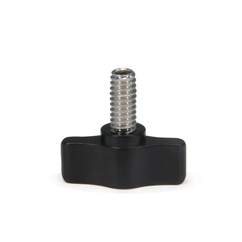 Four Piece Pack Of One Quarter Twenty By Half Inch Thumb Screws With Slick Black Aluminum Knobs And Rust Proof Stainless Steel Coarse Threads Built For Easy Install Top Shelf Quality Hella Tough Shop Hardware For Any Fastening Job You Throw At It Today, showing a black aluminum knob thumb screw with stainless steel thread.
