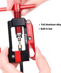 Hydraulic Disc Brake Hose Cutter And Needle Barb Driver Tool For Bikes shown in hand, red aluminum alloy tool, full view