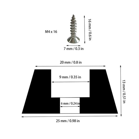 Top Shelf Non Slip Rubber Feet With Stainless Steel Screws, heavy duty bumpers showing dimensions and screw specifications.