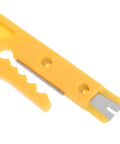 Close-up of yellow ABS electric wire stripper, showcasing sharp cutting edge for fast cutting crimping and peeling tasks on network data cables.