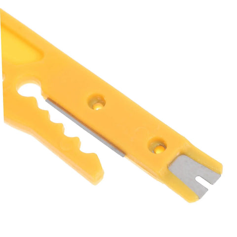 Close-up of yellow ABS electric wire stripper, showcasing sharp cutting edge for fast cutting crimping and peeling tasks on network data cables.