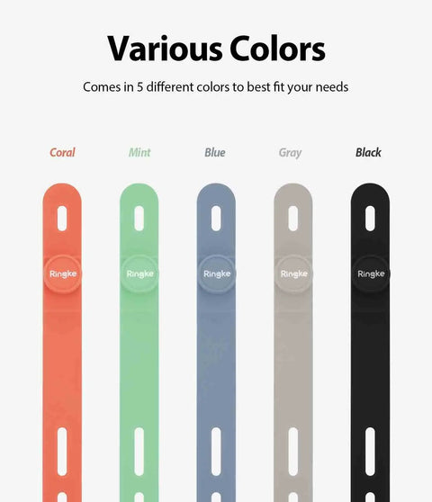 Five Silicone Cable Ties Reusable Flexible Cord Organizer With Adjustable Length in Coral, Mint, Blue, Gray, and Black