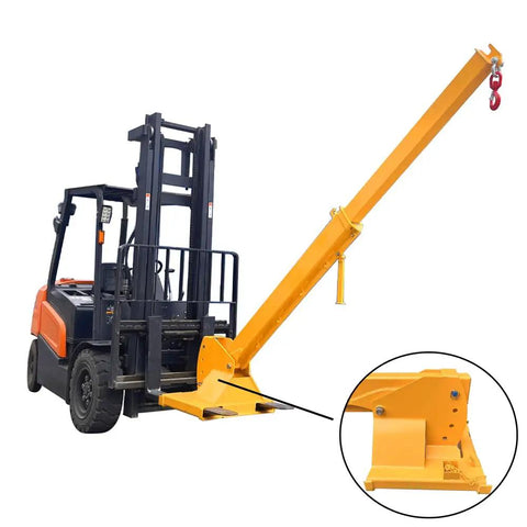 Heavy-Duty Forklift Jib Boom Crane attached to forklift, extendable boom, 6600 lb capacity for lifting and towing.