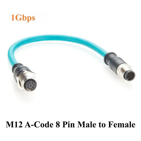 M12 A Code 8 Pin Male To Female Extension Cable With Front Panel Bulkhead Mount IP67 Shielded CAT6A Pro Grade Industrial Ethernet For Sensors, Robotics, Machine Vision And Automation 0.3m, 1Gbps