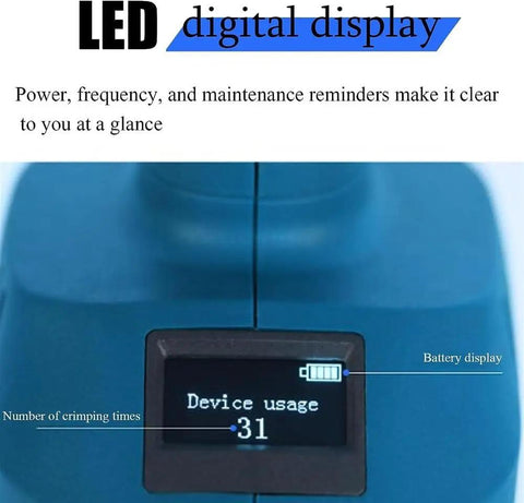 LED digital display showing device usage and battery level for Top Rated Battery Powered Handheld Electric Crimping Machine For Copper Aluminum Terminals Hydraulic Cordless Tool Ergonomic Compact Design Automated Efficiency Professional Cable Termination.