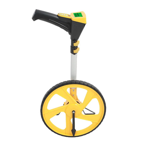 Badafaci Digital Measuring Wheel, 99,999.9Ft Range, Backlit Display with yellow wheel and black handle for outdoor measurements.